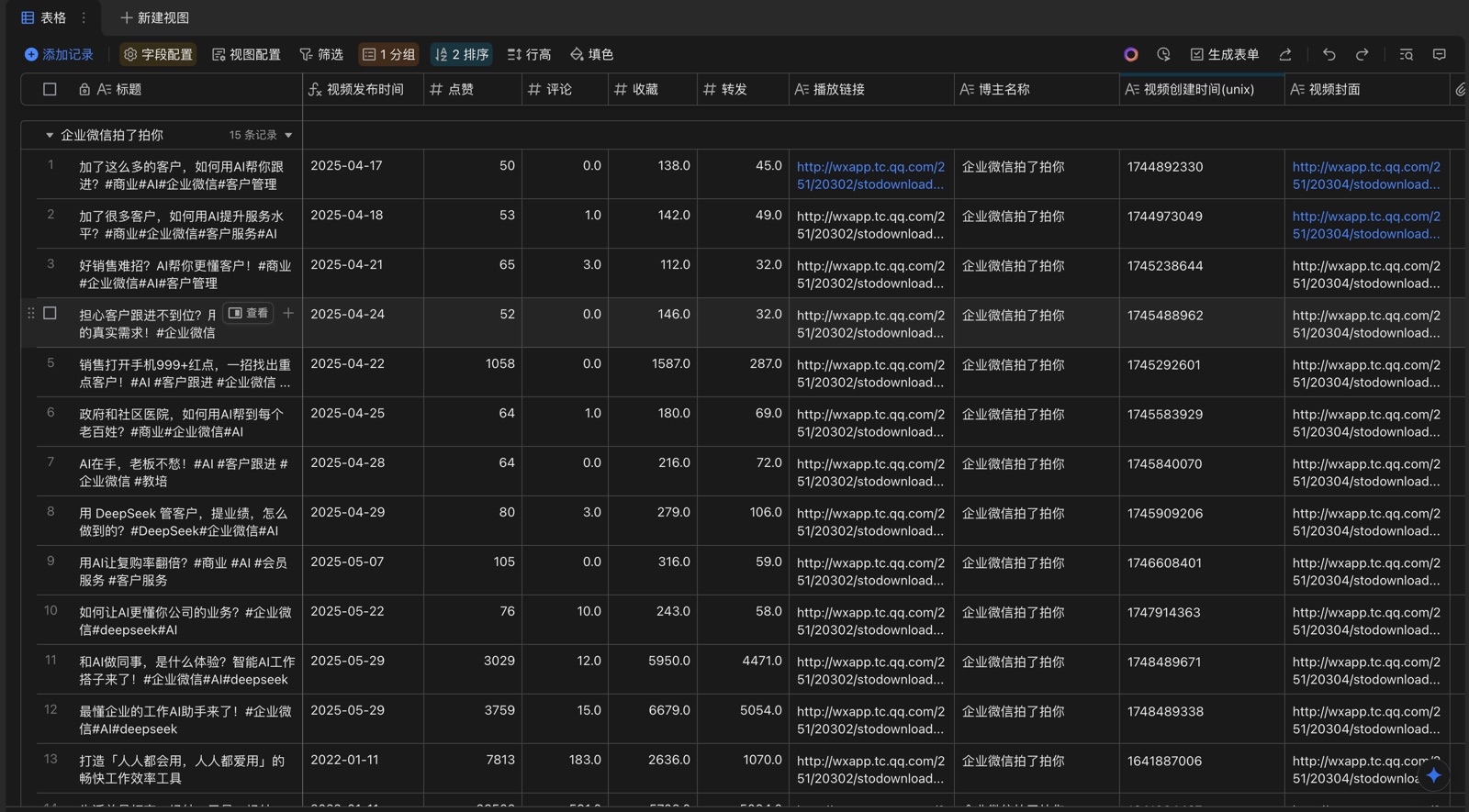 抓取完成的视频数据表